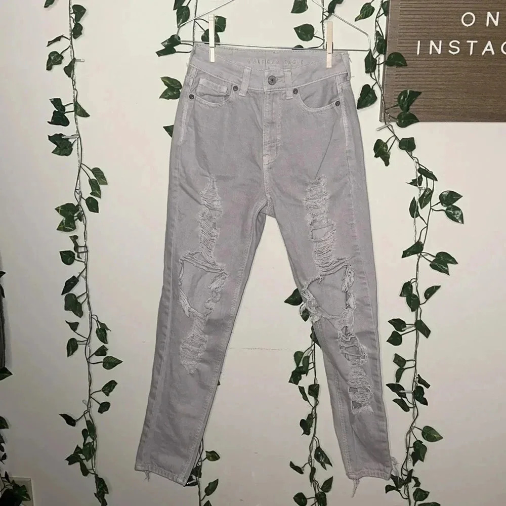 American Eagle Light Grey Ripped Mom Jeans